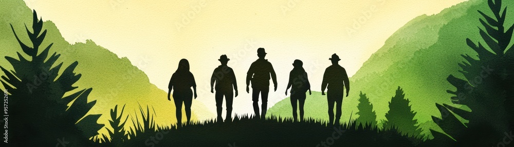 Silhouetted figures stand against a vibrant sunset, surrounded by lush nature. A scene of adventure and connection with the outdoors. watercolor style