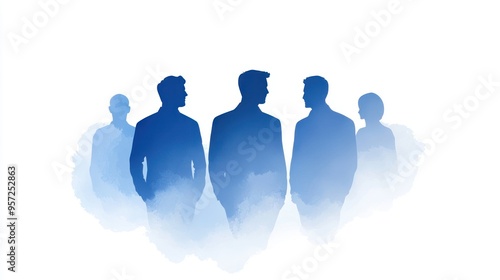 Silhouettes of business professionals standing together, representing teamwork, leadership, and collaboration in a modern setting. watercolor style