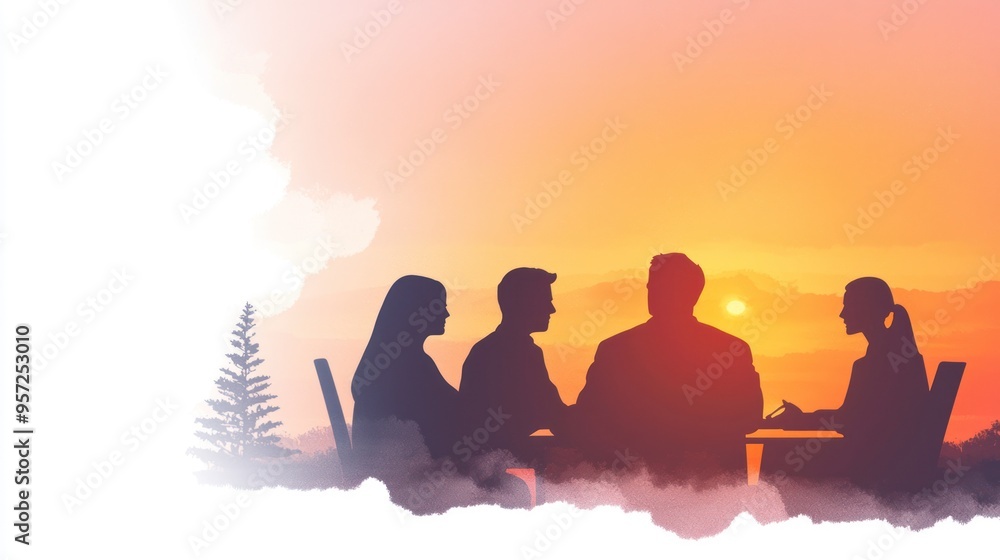Fototapeta premium Silhouettes of professionals in a meeting during a vibrant sunset, symbolizing collaboration and teamwork in a serene setting. watercolor style