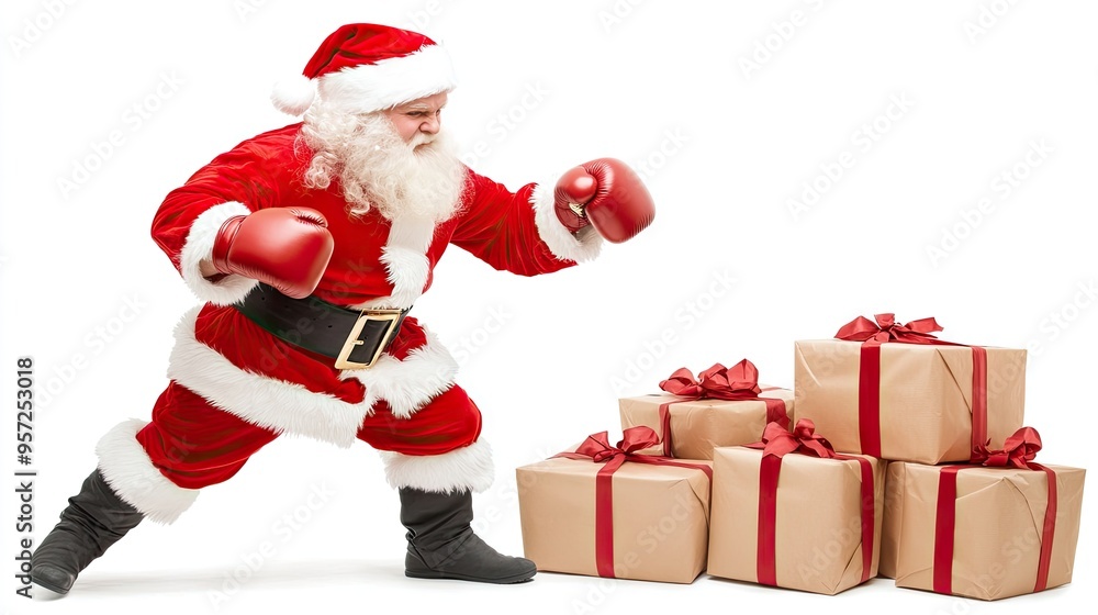 Santa Claus delivers a festive kickboxing surprise while flying with presents in hand, embracing the holiday spirit in a humorous way Santa Claus delivers a festive kickboxing surprise while flying with presents in hand, embracing the holiday spirit in a humorous way