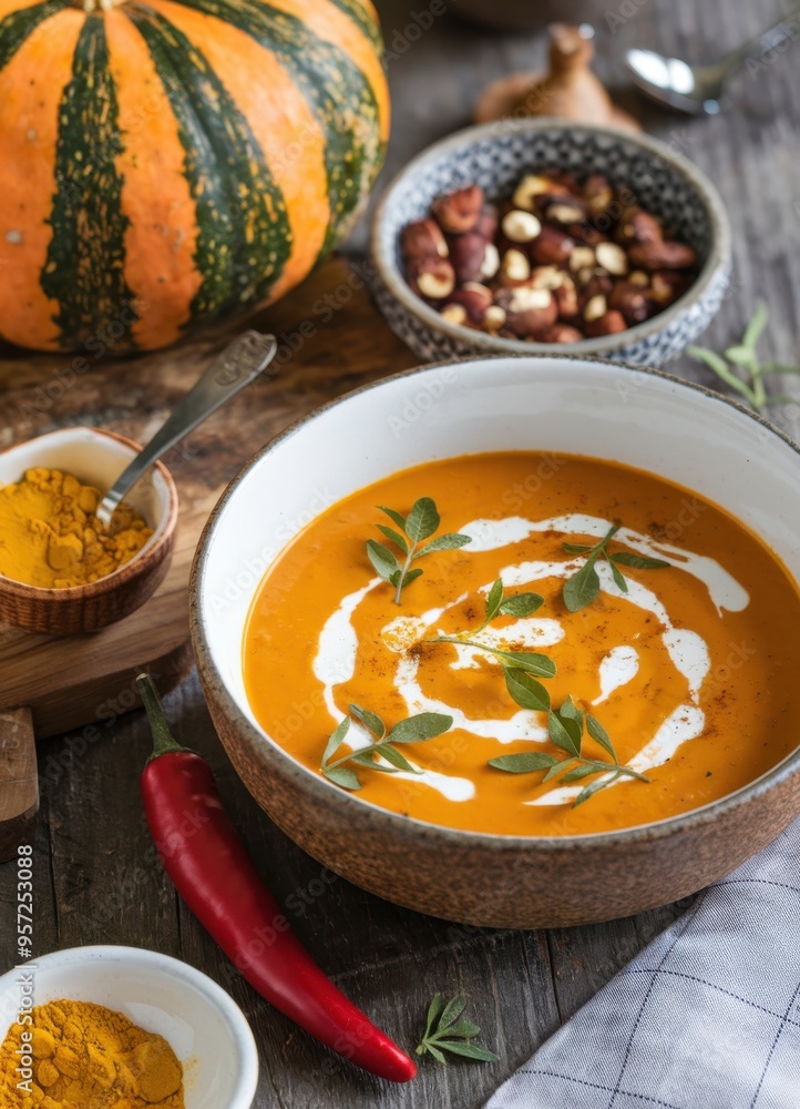 Delicious Pumpkin Soup with Cream Swirl, Fresh Herbs, and Seasonal Ingredients. Delicious Pumpkin Soup with Cream Swirl, Fresh Herbs, and Seasonal Ingredients.