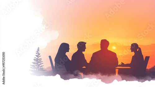 Silhouettes of professionals in a meeting during a vibrant sunset, symbolizing collaboration and teamwork in a serene setting. watercolor style