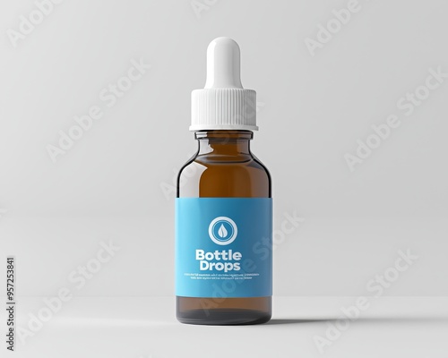 CenterFocused Minimalist Brown Glass Bottle with Blue Label Bottle Drops Concept Mockup Bottle Mockup photo