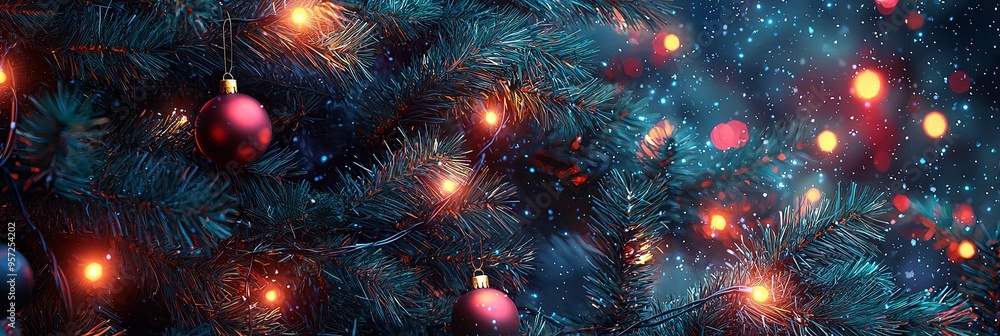 Timeless Christmas decorations featuring elegant glowing lights and red ornaments on evergreen branches, capturing the essence of the holiday season and winter charm. Timeless Christmas decorations featuring elegant glowing lights and red ornaments on evergreen branches, capturing the essence of the holiday season and winter charm.
