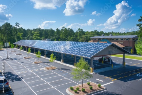 A large outdoor parking lot with solar panels on the roof photo