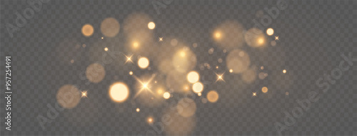 Christmas dust glowing bokeh confetti light and glitter texture overlay for your design. Festive sparkling gold dust png. Holiday powder dust for cards, invitations, banners.