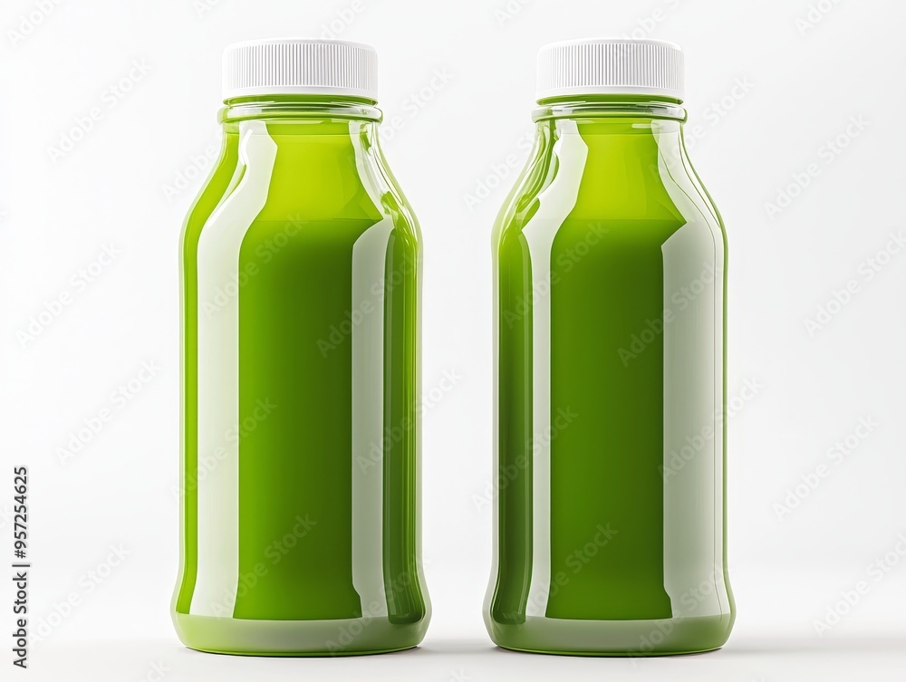 Two Green Glass Bottles with White Caps Front View Minimalist Composition Clean and Fresh Design Bottle Mockup Two Green Glass Bottles with White Caps Front View Minimalist Composition Clean and Fresh Design Bottle Mockup