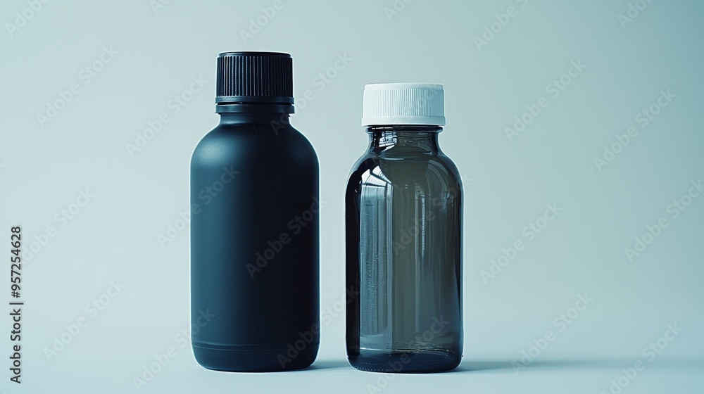 Minimalist Composition of Two Bottles Black Matte and Clear Glass on a Soft Blue Background Bottle Mockup Minimalist Composition of Two Bottles Black Matte and Clear Glass on a Soft Blue Background Bottle Mockup