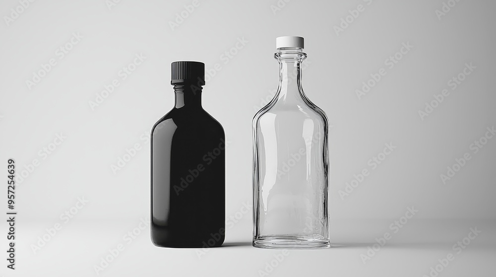 Black Clear Bottles on White Background Minimalist Composition of Empty Glass Vessels Bottle Mockup Black Clear Bottles on White Background Minimalist Composition of Empty Glass Vessels Bottle Mockup