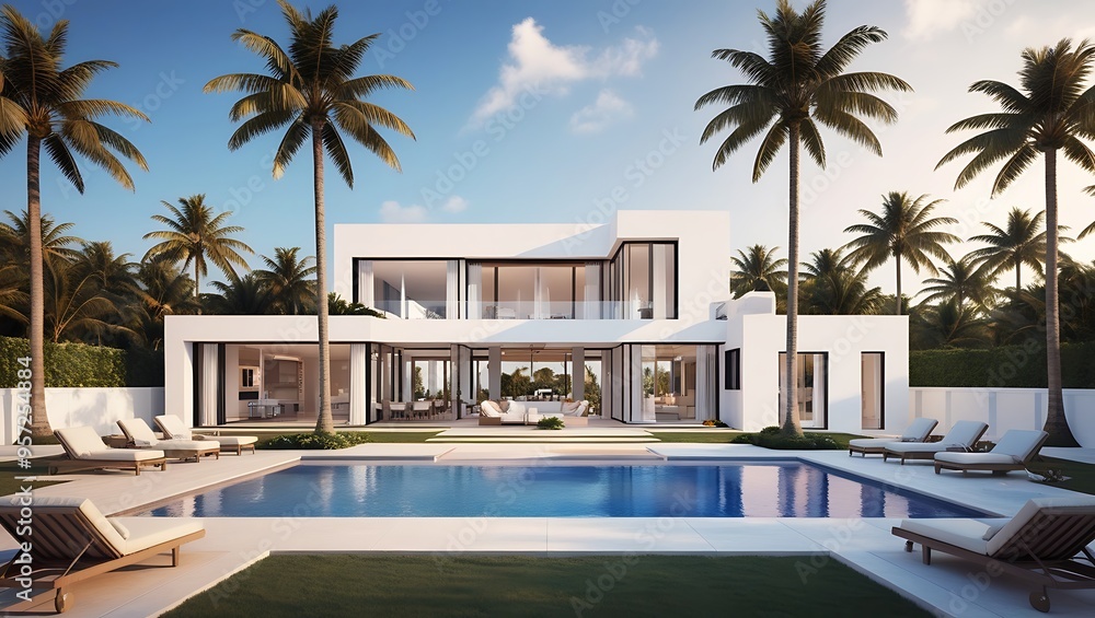 Luxurious Modern Beachfront Villa with Infinity Pool Surrounded by Palm Trees Luxurious Modern Beachfront Villa with Infinity Pool Surrounded by Palm Trees