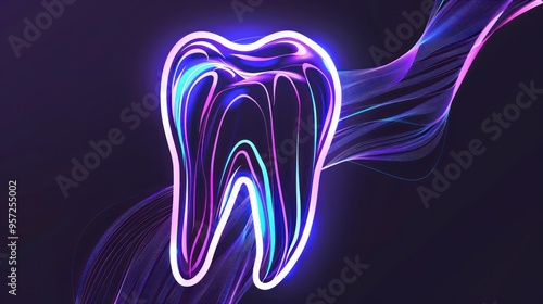 Neon Tooth Illustration with Swirling Lines