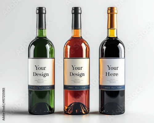 Three Wine Bottles with Customizable Labels A Minimalist Perspective for Branding Design Bottle Mockup
