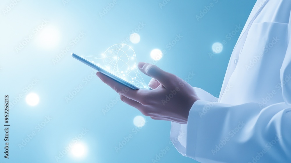 A person in a white coat interacts with a smartphone, surrounded by glowing particles, symbolizing technology and innovation. watercolor style A person in a white coat interacts with a smartphone, surrounded by glowing particles, symbolizing technology and innovation. watercolor style