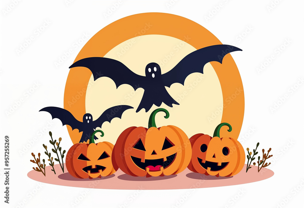 Illustration of Halloween pumpkin with bats on white background Illustration of Halloween pumpkin with bats on white background
