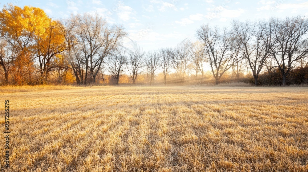 Fototapeta premium Golden Autumn Field with Bare Trees and Golden Leaves Under a Clear Sky at Sunrise
