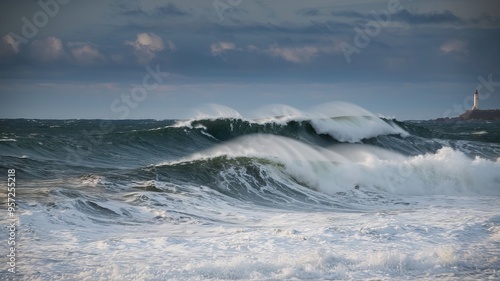 very big waves. The sea is rough with white foam at the crest of the waves. The sky is overcast, and there are dark clouds. The background contains a lighthouse on a rocky outcrop