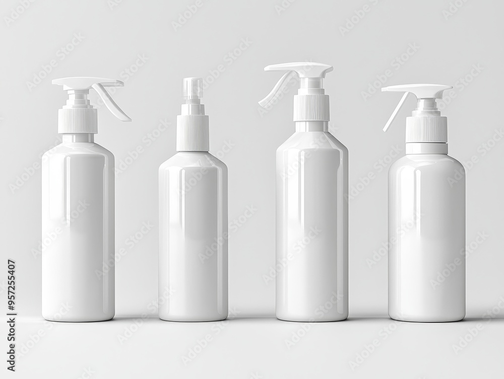 Minimalist White Bottles A Row of Three Identical Bottles with Different Spray Nozzles on a Clean White Background Bottle Mockup Minimalist White Bottles A Row of Three Identical Bottles with Different Spray Nozzles on a Clean White Background Bottle Mockup