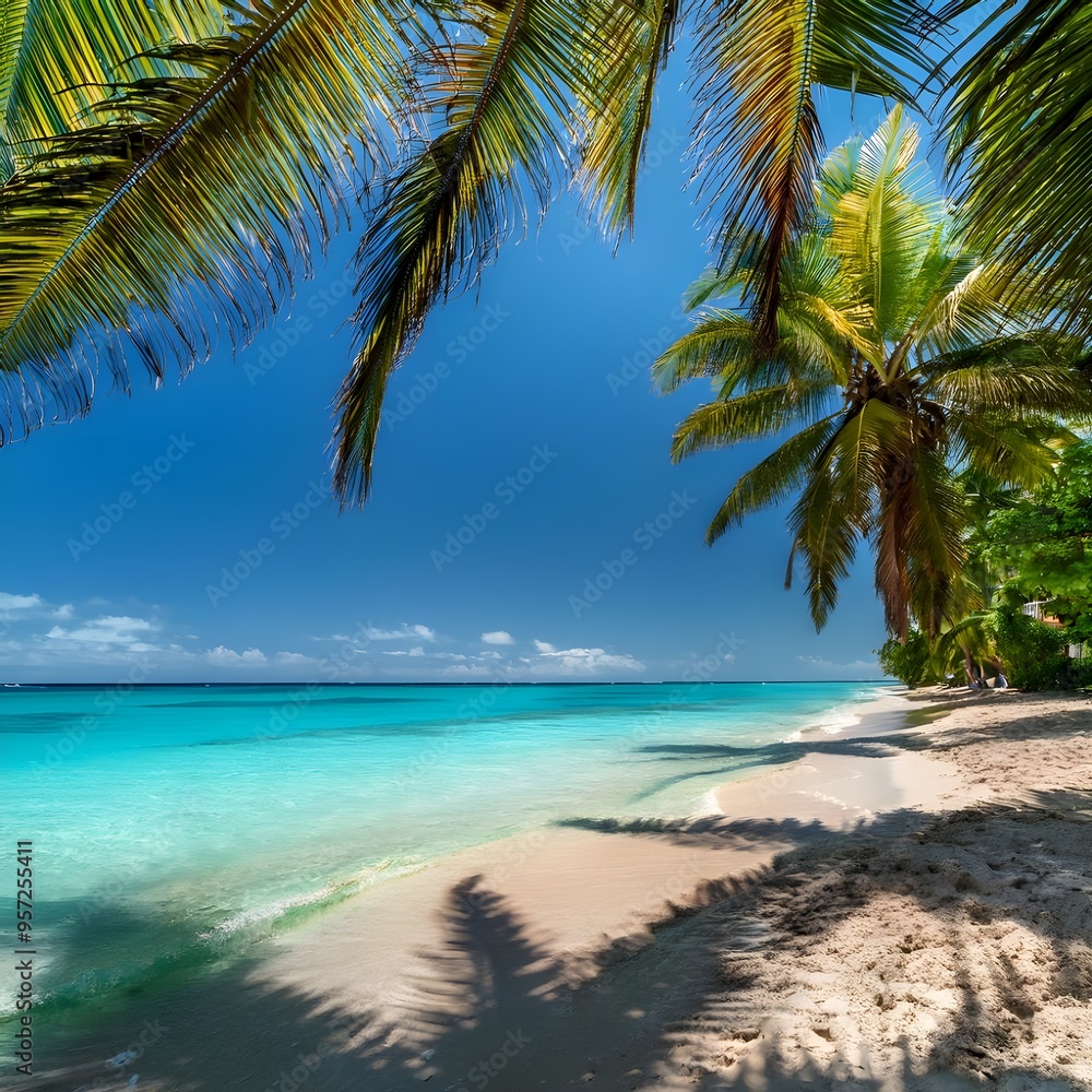 Obraz premium Turquoise sea and palm-lined beach in Jamaica, capturing the essence of a tropical paradise for travel and destination marketing