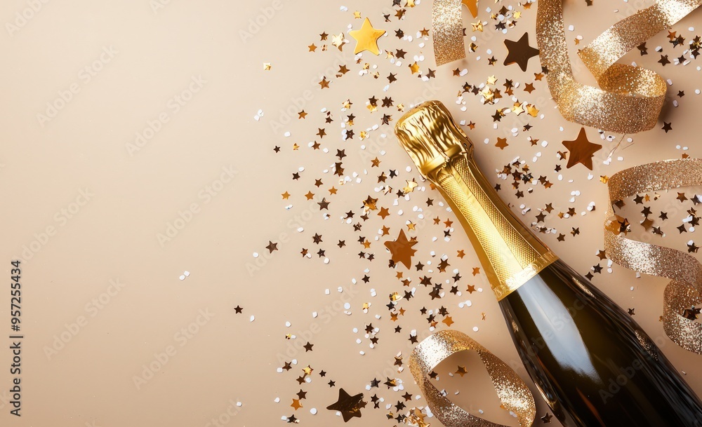 Fototapeta premium New Year concept with champagne, stars, and ribbons, high-resolution festive background.
