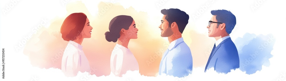 A profile view of four diverse people engaged in conversation, showcasing collaboration and communication in a colorful setting. watercolor style A profile view of four diverse people engaged in conversation, showcasing collaboration and communication in a colorful setting. watercolor style