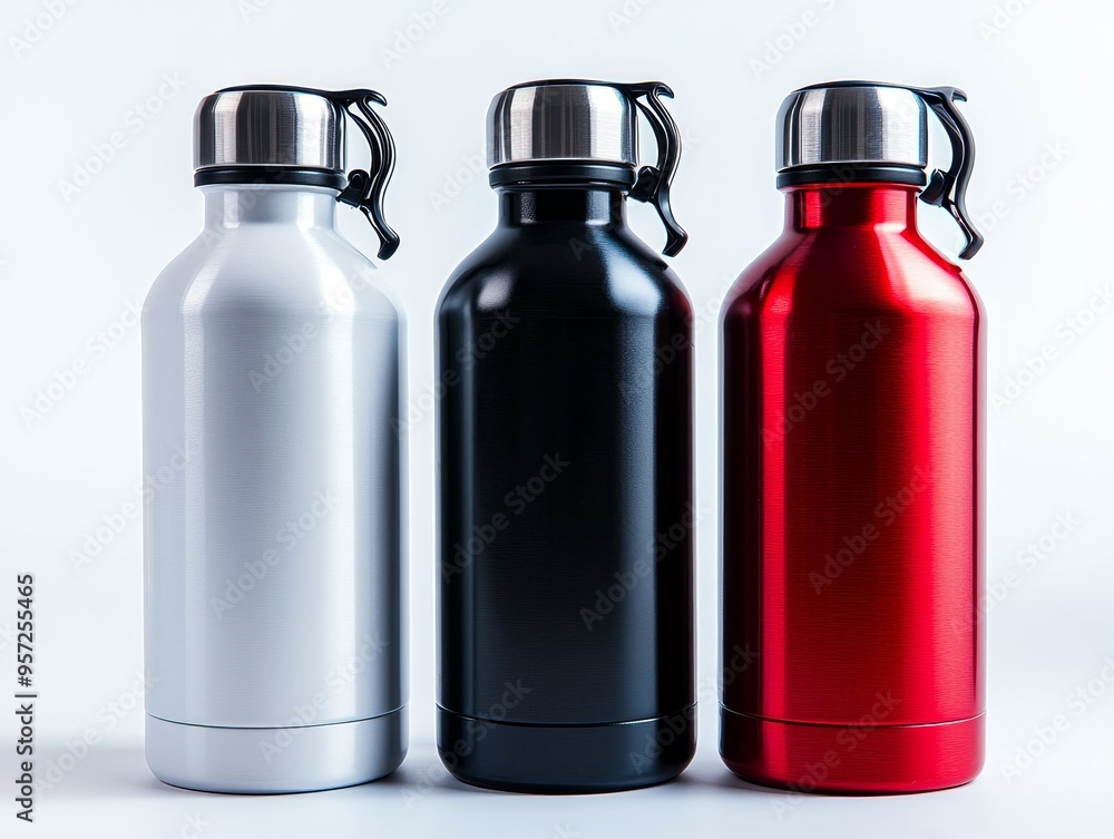 Three Metallic Water Bottles White Black Red Minimalist Perspective Centered Composition Brushed Metal Texture Concept of Choice and Variety Bottle Mockup Three Metallic Water Bottles White Black Red Minimalist Perspective Centered Composition Brushed Metal Texture Concept of Choice and Variety Bottle Mockup