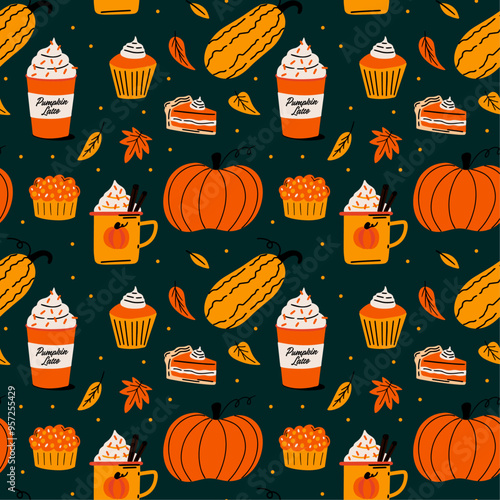 Pumpkin spice food and hot drinks vector seamless pattern design. Autumn leaves, fall season menu flat colorful cartoon illustration. flavored latte, cake, cupcake, sweet pie