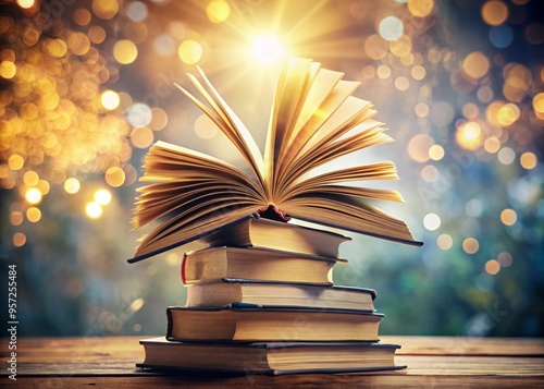 Open book floating on a massive pile of books, minimal environment.. photography style, 85mm bookeh detailed, high resolution, high quality, natural lighting, ultra-detailed. 