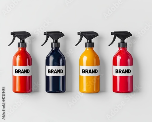 Four Colorful Spray Bottles with BRAND Label TopDown Perspective White Background Bottle Mockup