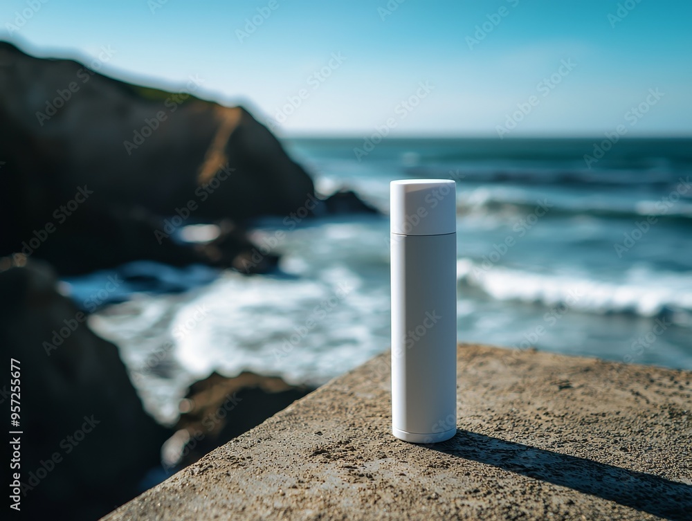 Coastal Minimalism White Bottle on a Rock with Ocean Blur in the Background Bottle Mockup Coastal Minimalism White Bottle on a Rock with Ocean Blur in the Background Bottle Mockup