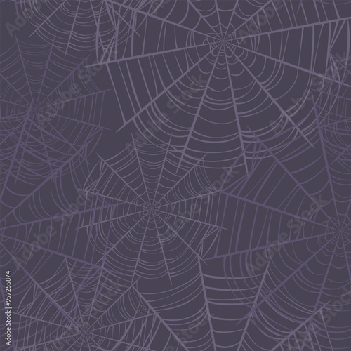 Halloween background with spider web on dark. Seamless pattern. Vector cartoon flat illustration