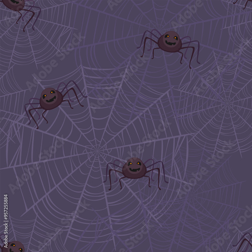 Seamless pattern with scary spiders on the web. Halloween dark background. Vector cartoon flat illustration