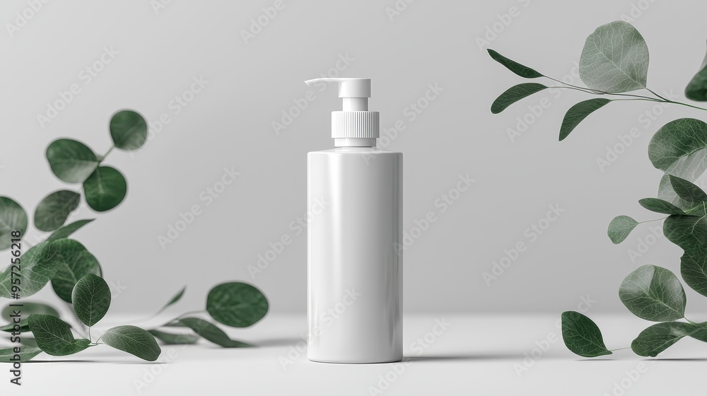 Minimalist White Pump Bottle with Eucalyptus Leaves on a White Background Bottle Mockup Minimalist White Pump Bottle with Eucalyptus Leaves on a White Background Bottle Mockup