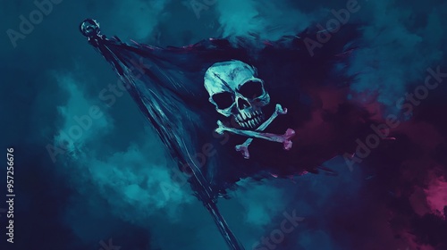 Ghostly pirate flag, glowing in the dark, eerie wind, Watercolor style photo