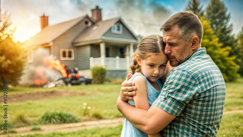 Father and daughter hugging in front of their new house. They are looking at each other. Father and daughter hugging in front of their new house. They are looking at each other.