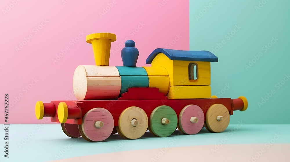 Toy train crafted from colorful wood isolated on a pink and lime color background Toy train crafted from colorful wood isolated on a pink and lime color background
