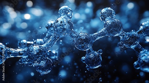 Abstract 3D rendering of water molecule with blue bokeh background.