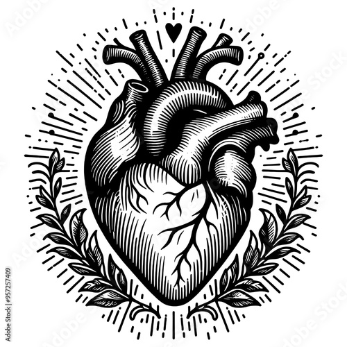 anatomical heart with floral ornaments, tattoo, Valentines day card theme, sketch engraving generative ai PNG illustration. Scratch board imitation. Black and white image. photo