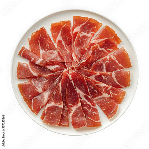 High definition commercial photo Jamon Iberico on white plate