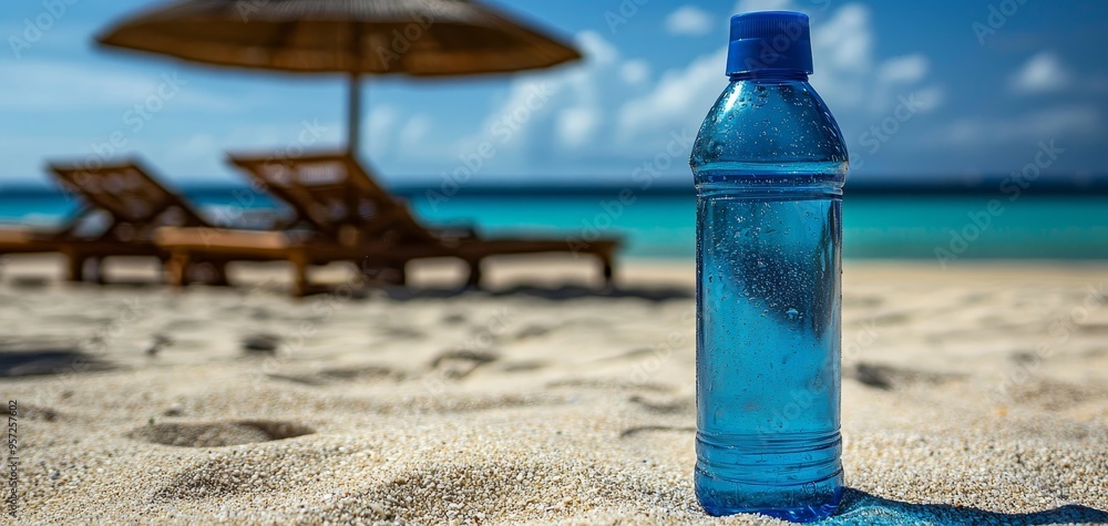 A closeup perspective of a blue water bottle resting on a sandy beach with blurred beach chairs and an umbrella in the background Bottle Mockup A closeup perspective of a blue water bottle resting on a sandy beach with blurred beach chairs and an umbrella in the background Bottle Mockup