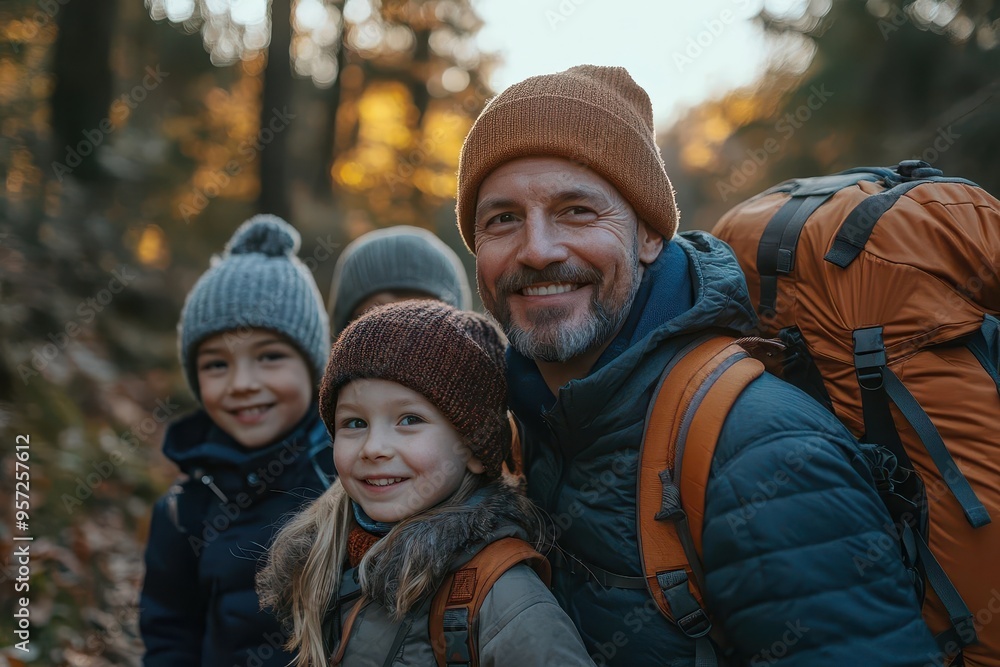 A joyful family enjoying a hiking adventure in the woods, showcasing warmth and togetherness amidst nature's beauty. A joyful family enjoying a hiking adventure in the woods, showcasing warmth and togetherness amidst nature's beauty.