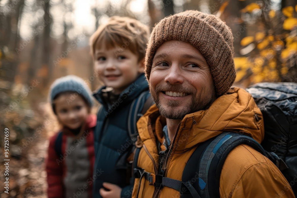 A joyful family enjoys a hike in nature, surrounded by autumn foliage and smiles, capturing the spirit of outdoor adventure. A joyful family enjoys a hike in nature, surrounded by autumn foliage and smiles, capturing the spirit of outdoor adventure.