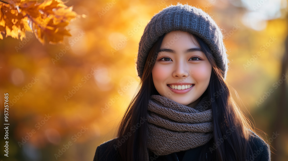 Portrait of young happy smiling asian girl in autumn park, positive cheerful young woman enjoying a walk outdoors in autumn forest. Active lifestyle, good health. Enjoying outdoors. Portrait of young happy smiling asian girl in autumn park, positive cheerful young woman enjoying a walk outdoors in autumn forest. Active lifestyle, good health. Enjoying outdoors.