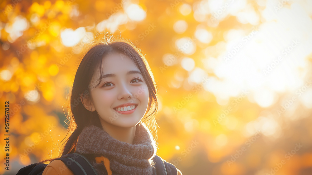 Portrait of young happy smiling asian girl in autumn park, positive cheerful young woman enjoying a walk outdoors in autumn forest. Active lifestyle, good health. Enjoying outdoors. Portrait of young happy smiling asian girl in autumn park, positive cheerful young woman enjoying a walk outdoors in autumn forest. Active lifestyle, good health. Enjoying outdoors.