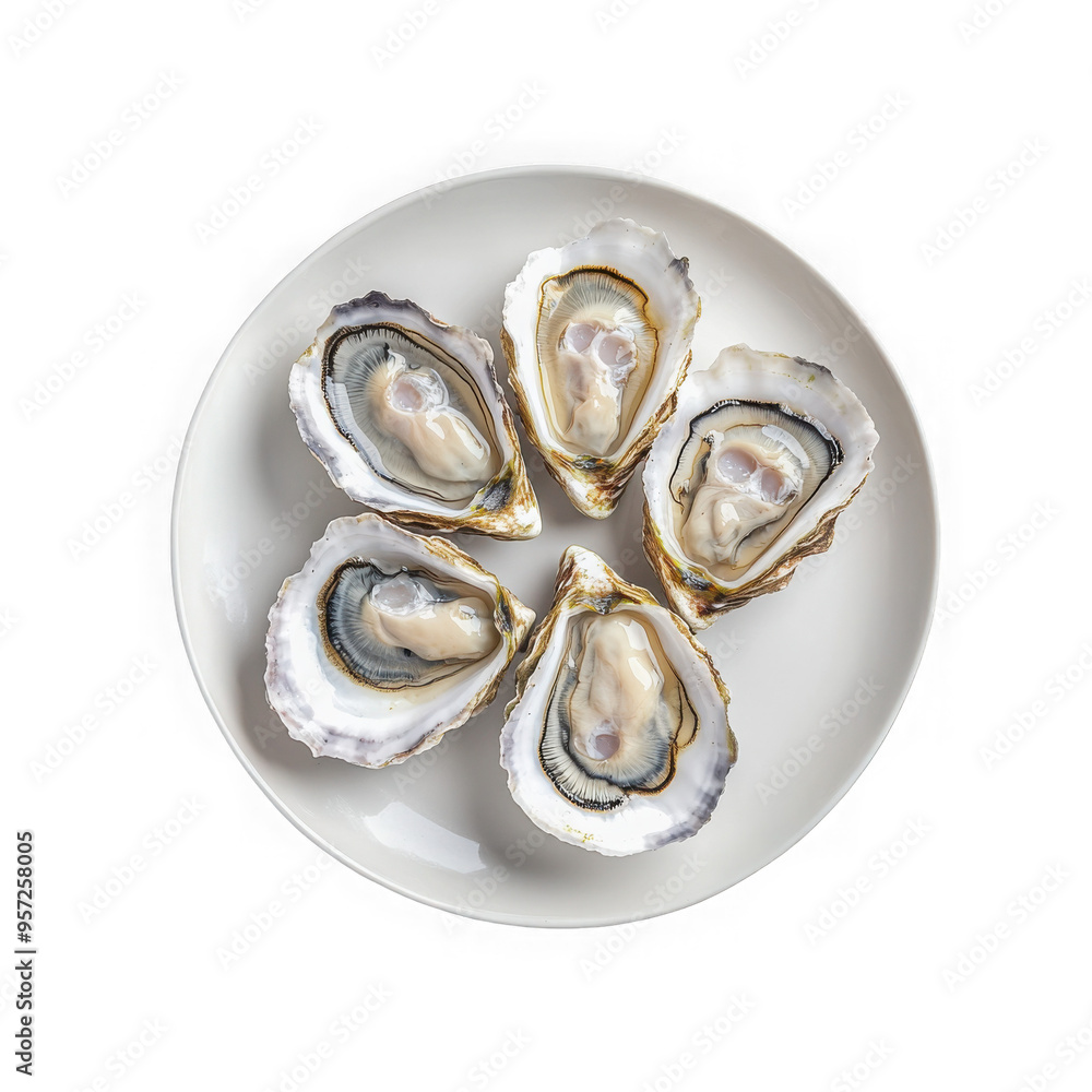 High definition topview photo of Oysters on the Half Shell on a white plate with clear boundaries in commercial photoshoot High definition topview photo of Oysters on the Half Shell on a white plate with clear boundaries in commercial photoshoot