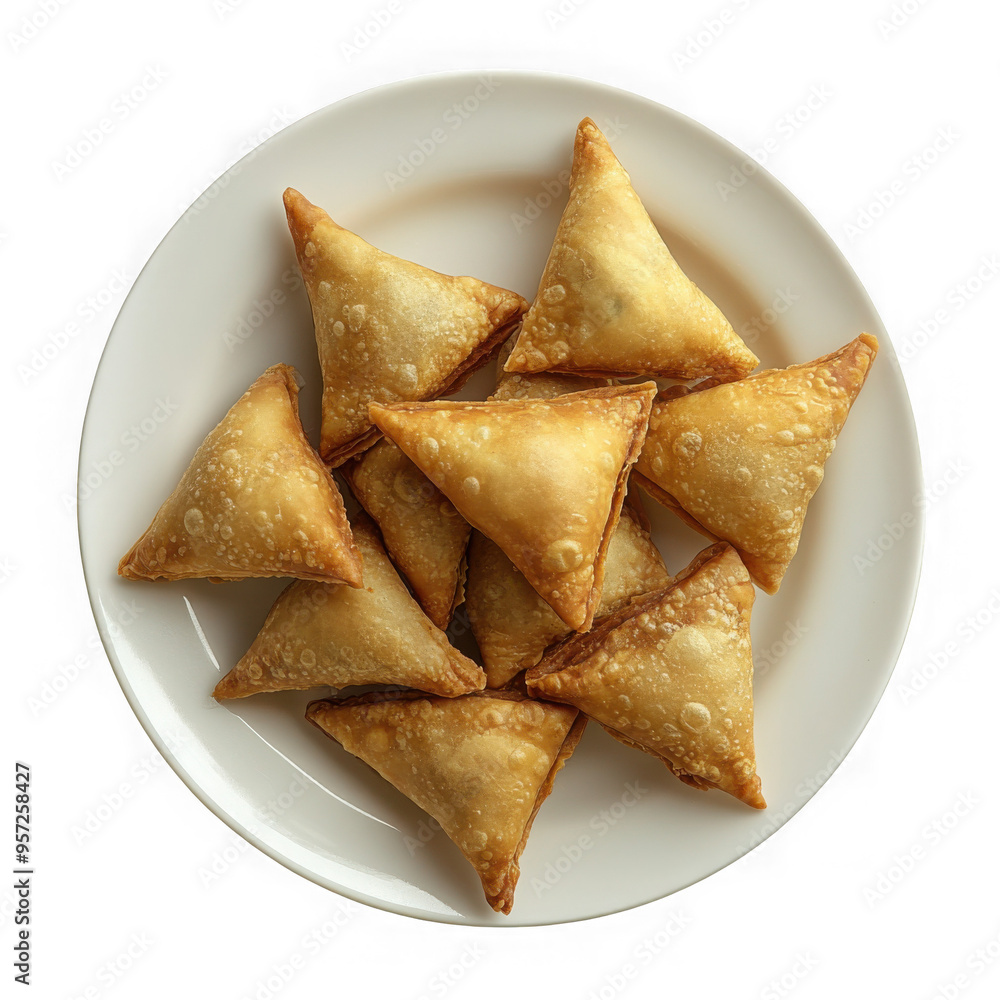 High definition ultra realistic topview commercial photo of Samosas on white plate in isolated setting High definition ultra realistic topview commercial photo of Samosas on white plate in isolated setting