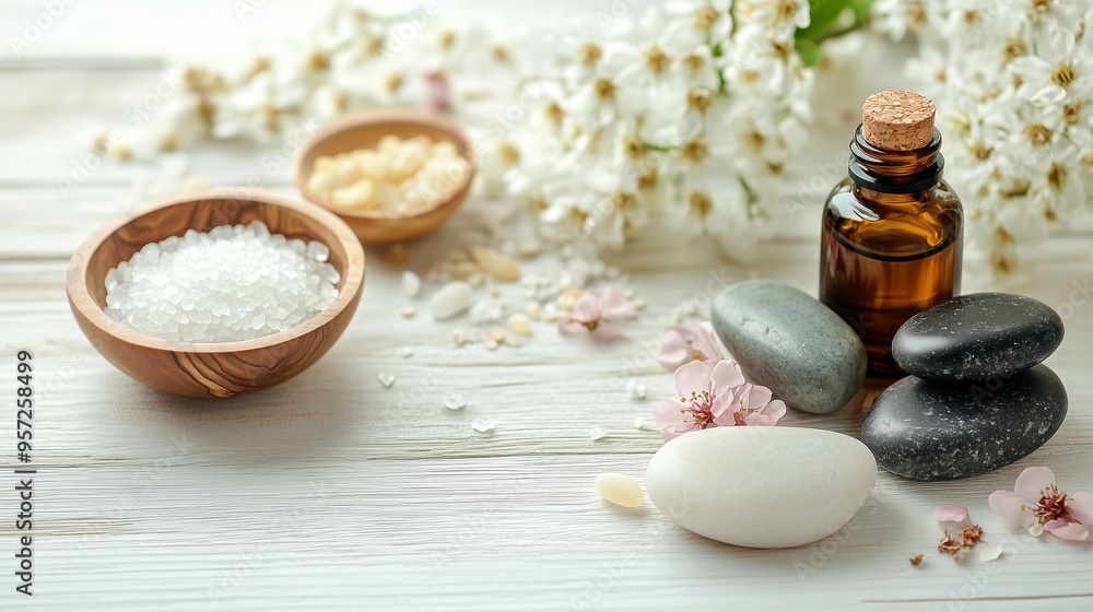 Relaxing spa setup with essential oils, bath salts, and smooth stones surrounded by delicate flowers and soft lighting Relaxing spa setup with essential oils, bath salts, and smooth stones surrounded by delicate flowers and soft lighting