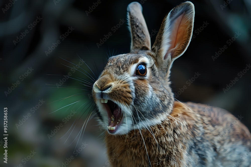 close-up of a brown rabbit with its mouth open wide, possibly mid-yawn or in an expressive moment, set against a natural, dark outdoor background. Ideal for themes related to wildlife, nature close-up of a brown rabbit with its mouth open wide, possibly mid-yawn or in an expressive moment, set against a natural, dark outdoor background. Ideal for themes related to wildlife, nature