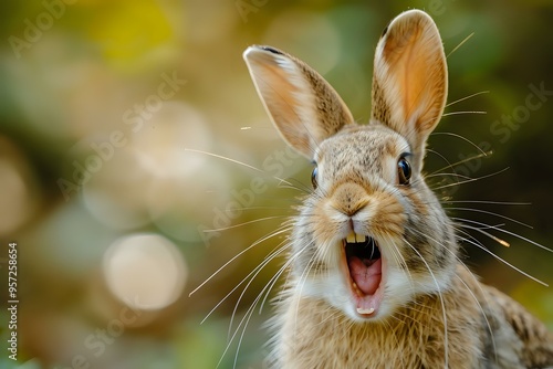 A close-up of a brown rabbit with its mouth open, possibly in mid-yawn or making a sound, set against a natural outdoor background. Perfect for themes related to wildlife, animals, or nature photo photo