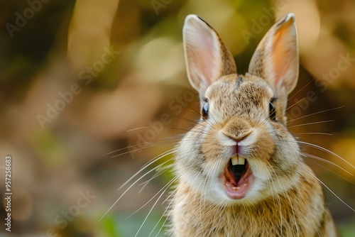 A close-up of a brown rabbit with its mouth open, possibly in mid-yawn or making a sound, set against a natural outdoor background. Perfect for themes related to wildlife, animals, or nature photo photo