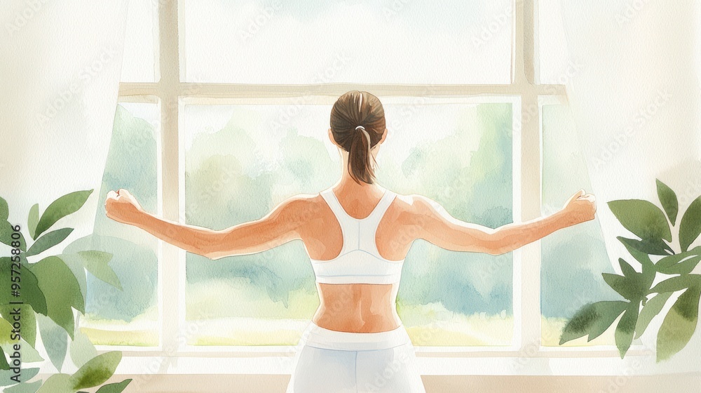 A woman stretches her arms open wide by the window, welcoming fresh air and natural light into her serene space. watercolor style A woman stretches her arms open wide by the window, welcoming fresh air and natural light into her serene space. watercolor style